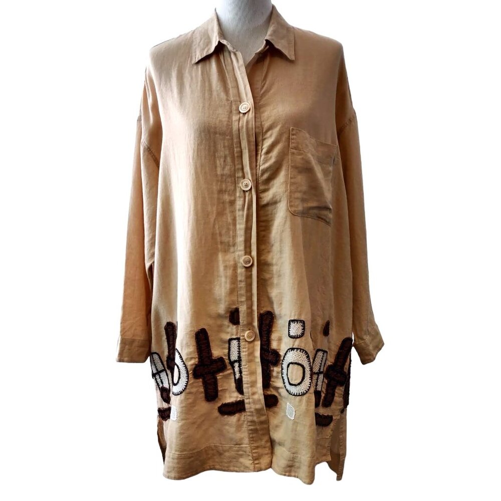 Ischiko Womens Size US 10 Beige Tan Button Geometric Patches Lagenlook Tunic Top